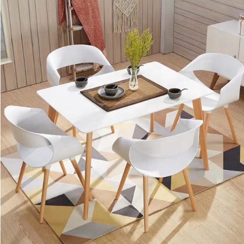 Set Of 4 Wood Legs Dining Chairs And Table - White