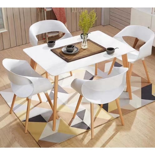 Set Of 4 Wood Legs Dining Chairs And Table - White