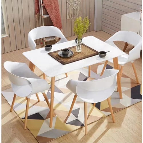 Set Of 4 Wood Legs Dining Chairs And Table - White