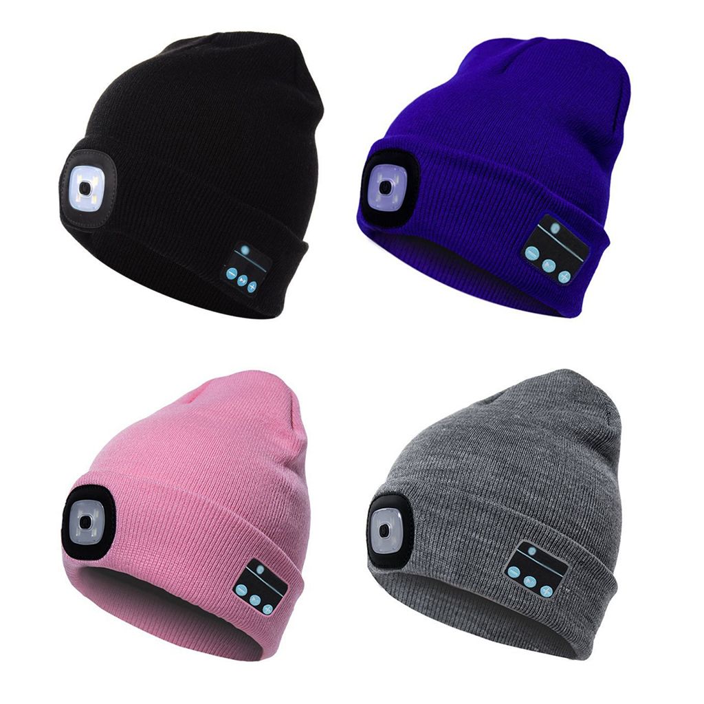 Winter Warm Music Hat Wireless Smart Headphone Bluetooth LED Hat Uni Winter Built-in Mic Headset With Flashlight Black