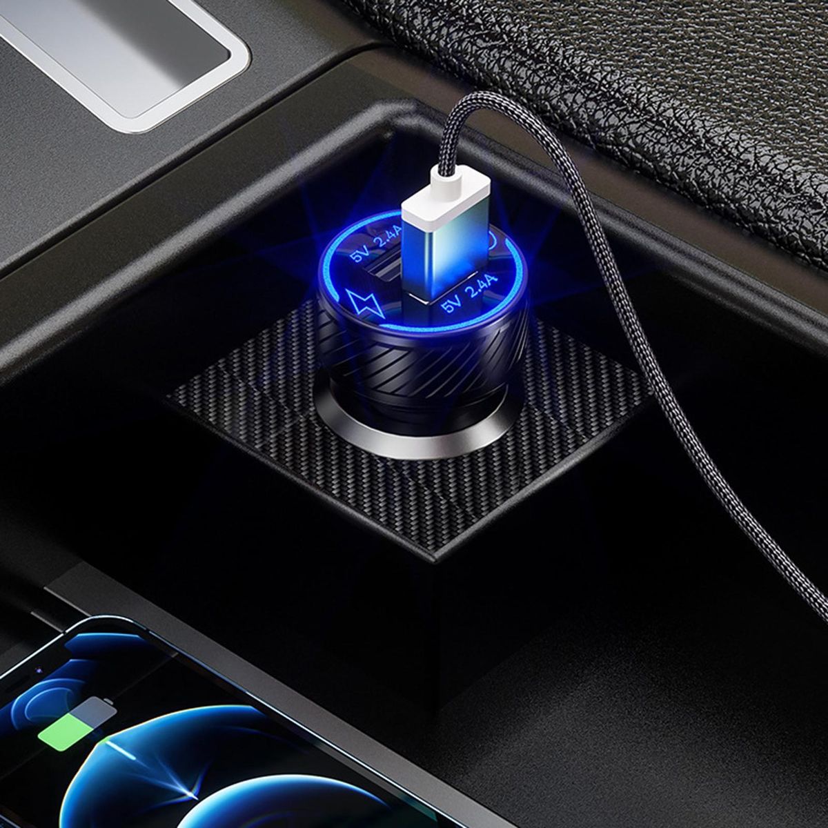 Mini Car Charger Turbocharge Touch High-speed Car Charger with Led Black