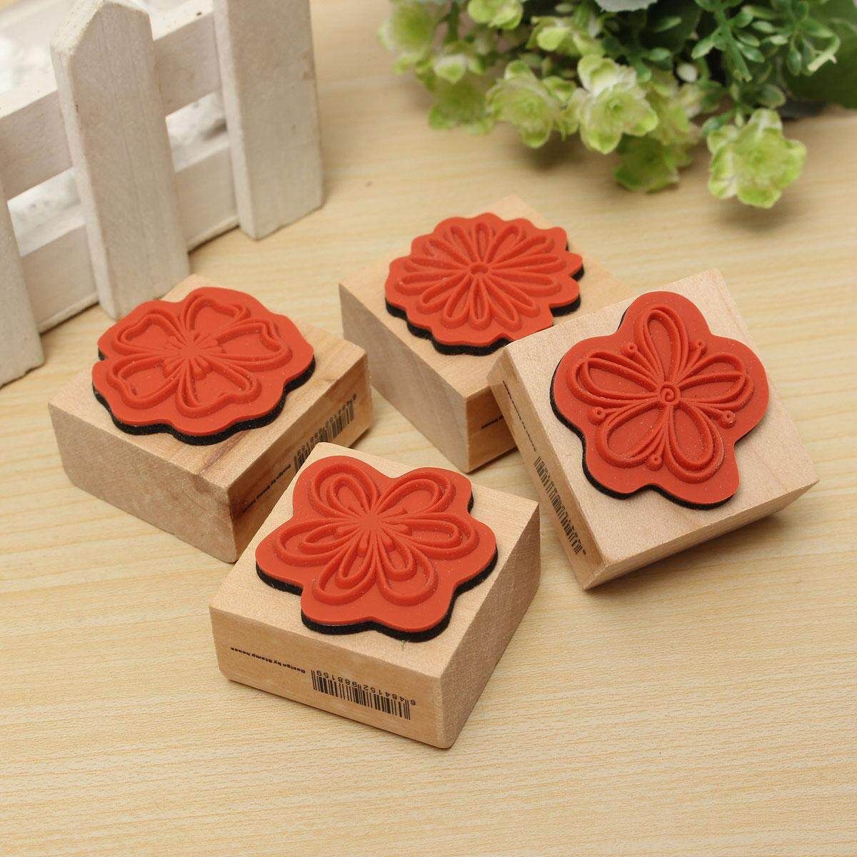 4pcs DIY Sweet Flowers Set Diary Scrapbook Floral Decoration Wooden Rubber Stamp