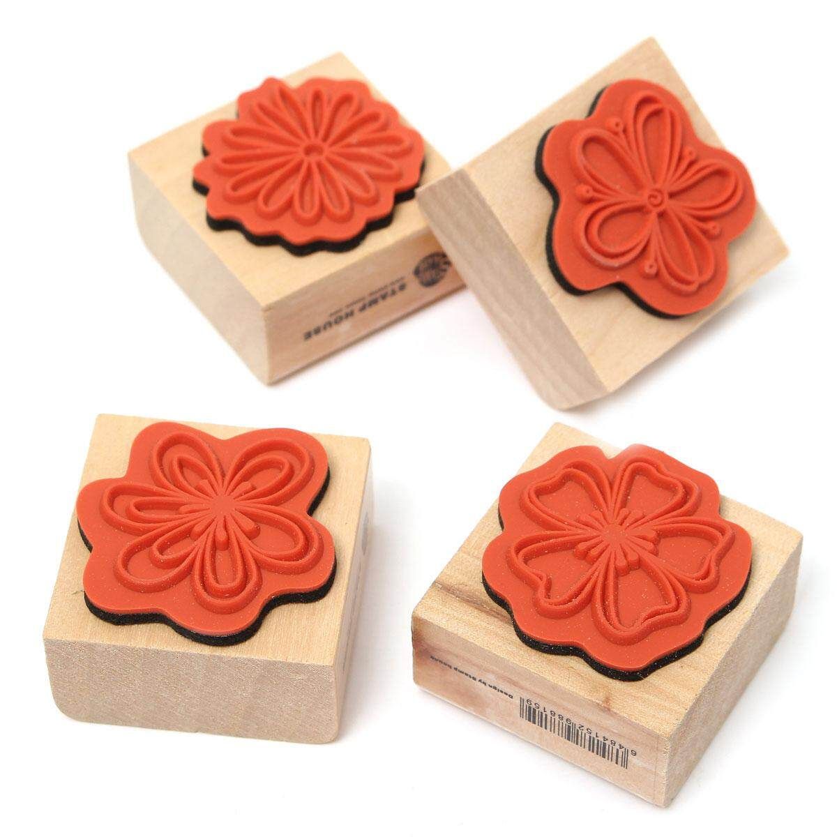 4pcs DIY Sweet Flowers Set Diary Scrapbook Floral Decoration Wooden Rubber Stamp
