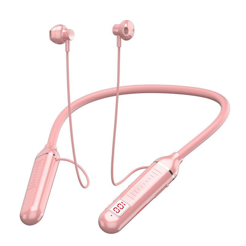 Bluetooth headset hanging neck digital display mobile phone headset Pink