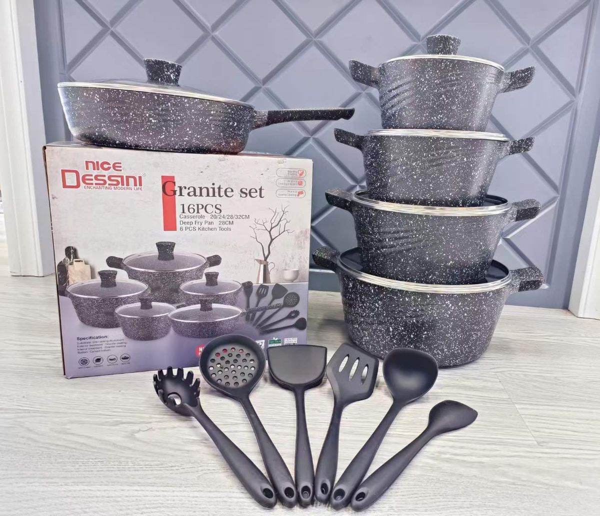5 Set Diecast Non-Stick Pots-Granite/Marble Effect