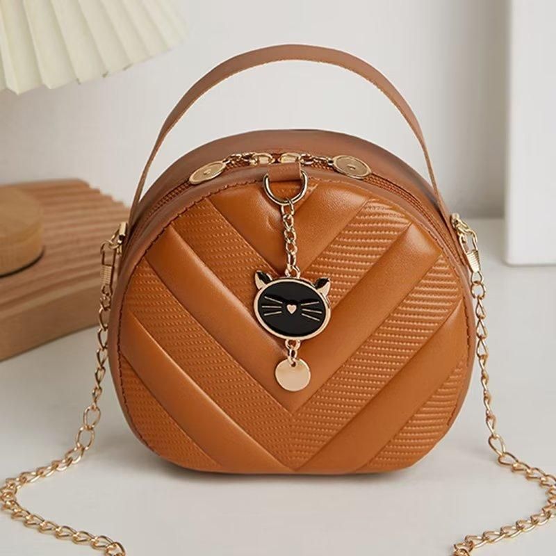 Women Crossbody Bag Leather Shoulder Bag For Ladies Chain Handbags Cat Round Bags Brown