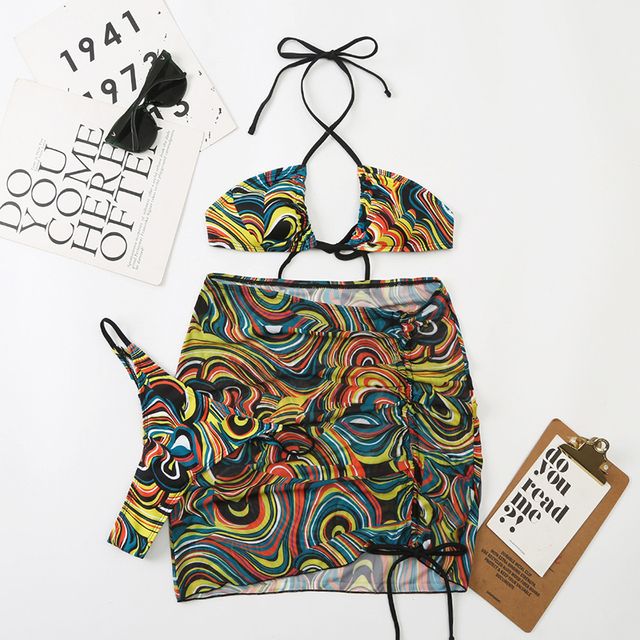 3 Pieces Bikini Set With Skirt Tie Dye String Thong Bathing Suit Women Swimsuit Female Swimwear Beach Wear Swim Lady Summer(#ZM22010-HUS)