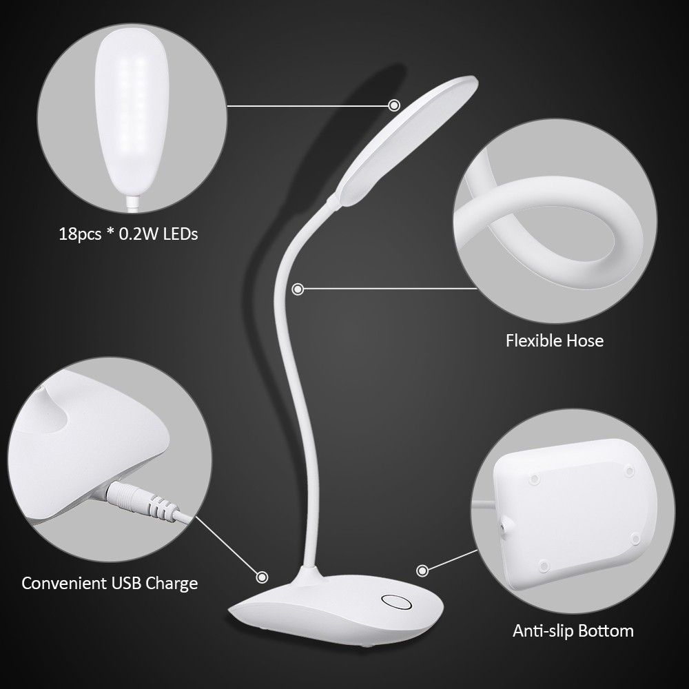 USB Rechargeable 360° Rotating LEDs Desk Lamp 3 Level