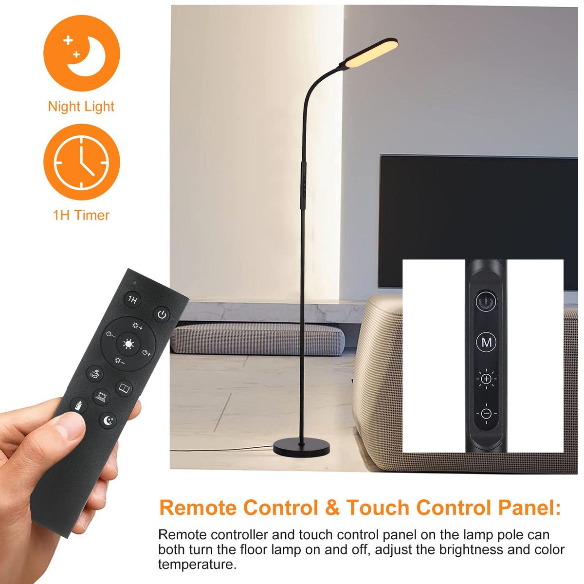 Neoglint LED Floor Lamp Modern Standing Lights Reading Light 9 Brightness Levels & 5 Light Colors Touch Control Remote Control for Living Room Bedroom Office
