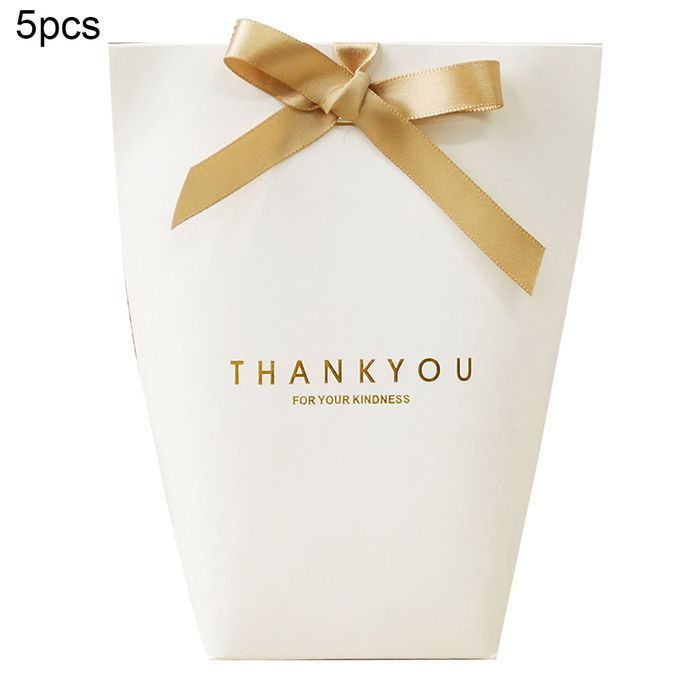 5Pcs Folding Paper Bags Ribbon Box Thank You Wedding-White
