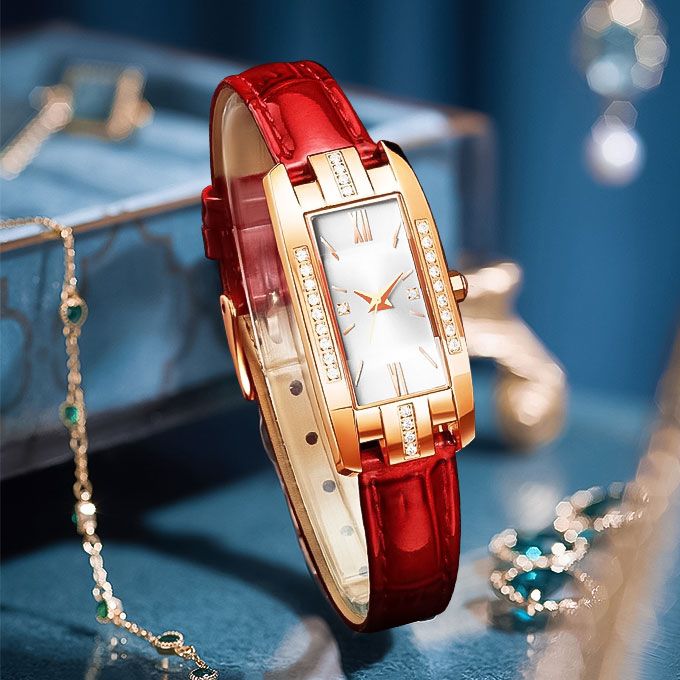 Ladies Watch Leather Strap Ladies Quartz Wrist Watch - White/Red