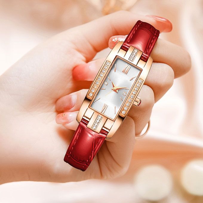 Ladies Watch Leather Strap Ladies Quartz Wrist Watch - White/Red