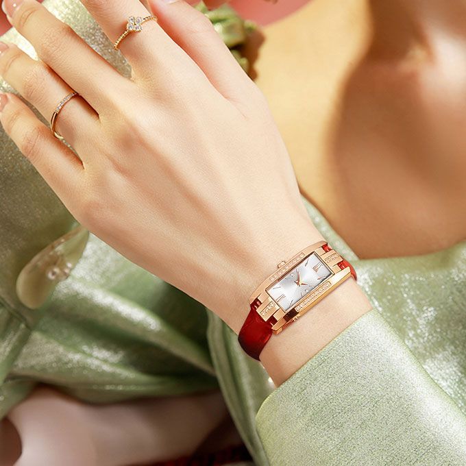 Ladies Watch Leather Strap Ladies Quartz Wrist Watch - White/Red