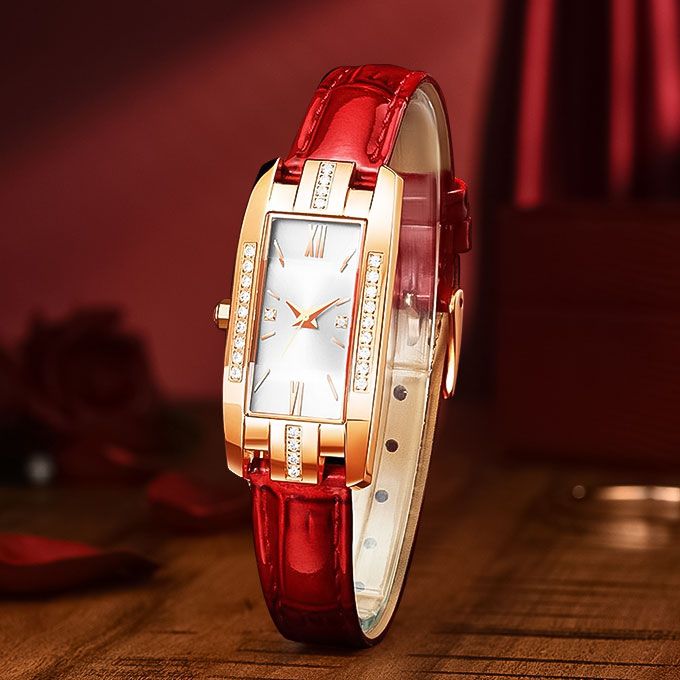 Ladies Watch Leather Strap Ladies Quartz Wrist Watch - White/Red