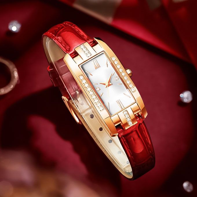 Ladies Watch Leather Strap Ladies Quartz Wrist Watch - White/Red