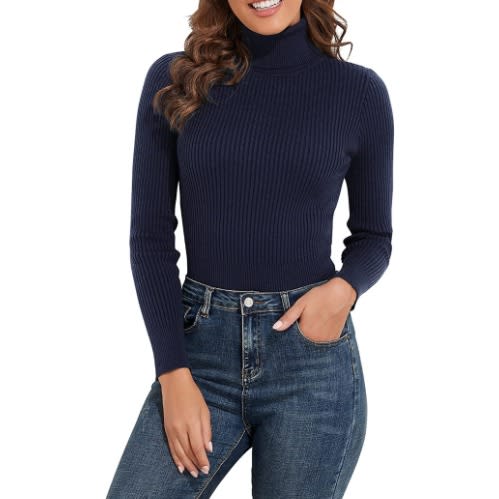 Ladies Turtleneck Long Sleeve T-shirt - Navy Blue