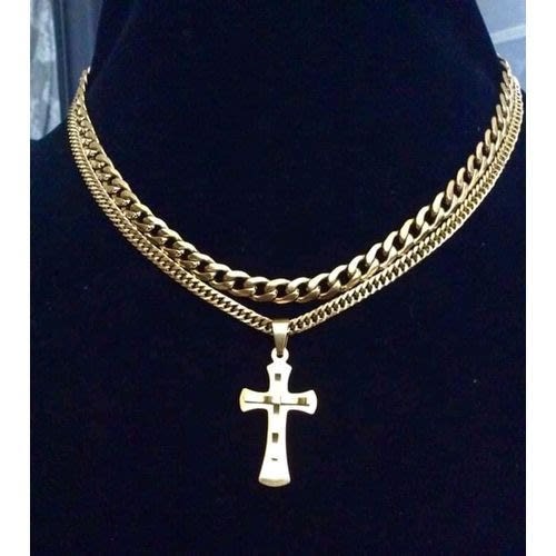 Cross Pendant With 2 Cuban Chains - Gold