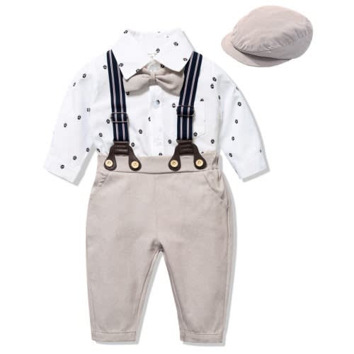 Boy Birthday Suspender Set + Cap - Gray