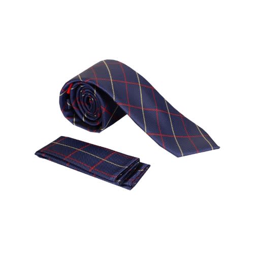 Tiny Strip Checkered Tie And Pocket Sqaure- Navy Blue and Red