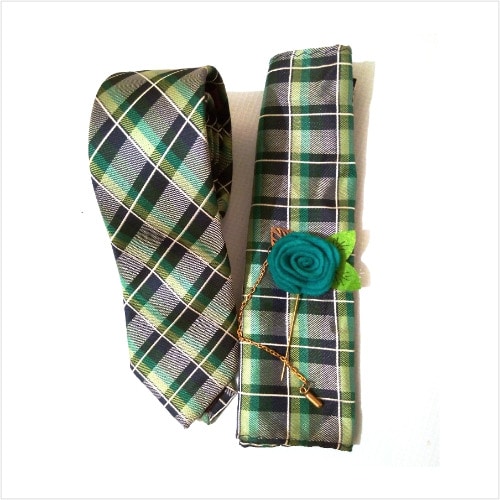 Black & Green Plaids Tie Set + Lapel Pin
