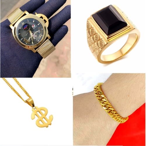 Men's Chain Gold Wristwatch/Necklace/Hand Chain & Ring