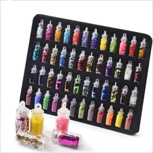 48 Pcs Glass Bottles With Nail Art Beads - Glitter Rhinestones