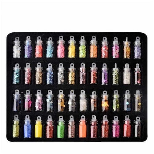 48 Pcs Glass Bottles With Nail Art Beads - Glitter Rhinestones