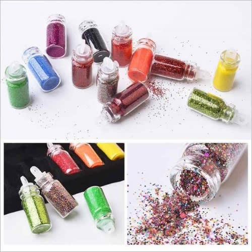 48 Pcs Glass Bottles With Nail Art Beads - Glitter Rhinestones