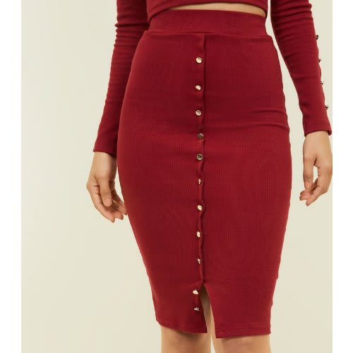 Tokyo Doll Popper Front Midi Skirt- Burgundy