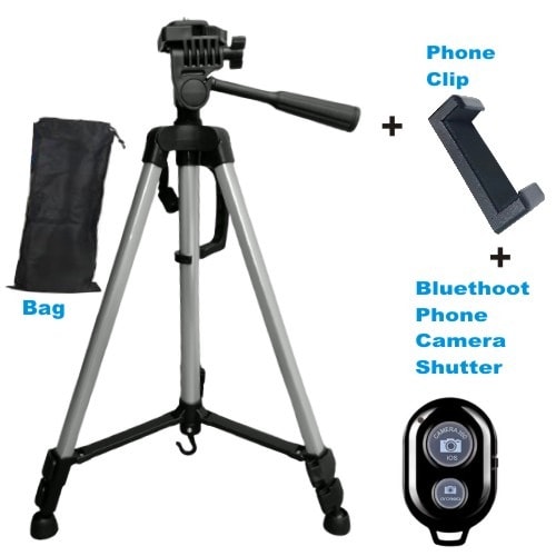 1.35 Meters Aluminum Tripod Stand With Phone Holder + Bluethoot Shutter + Bag - Silver