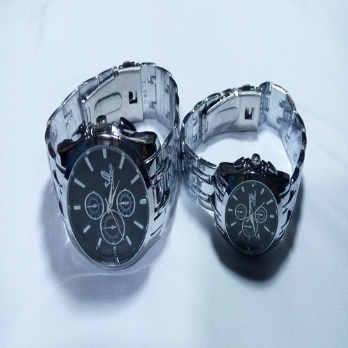 Couples Black Dial Wrist Watch - Silver