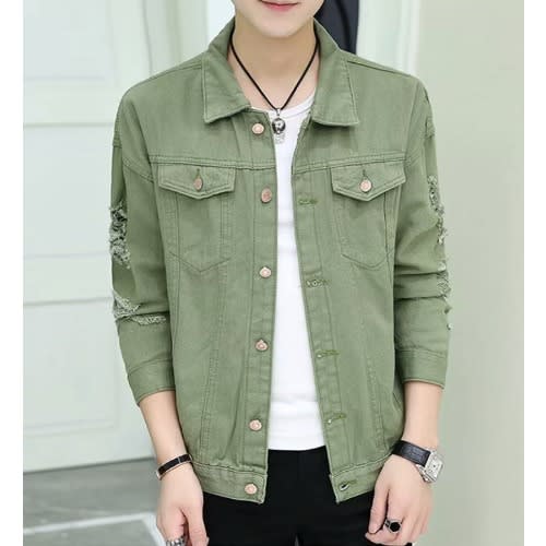 Denim Jacket Ripped Jeans- Classic Slim Fit