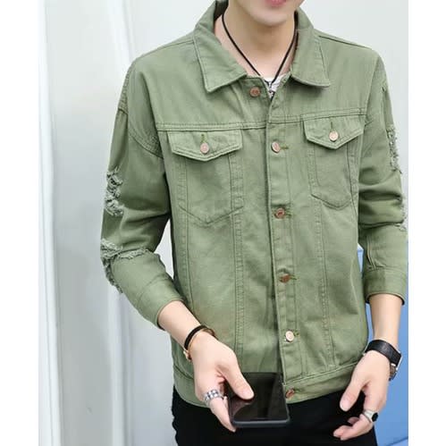 Denim Jacket Ripped Jeans- Classic Slim Fit