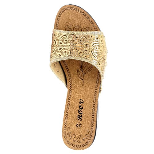 Luna Wedge Slippers With Wood Inspired Heel - Gold