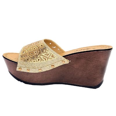 Luna Wedge Slippers With Wood Inspired Heel - Gold