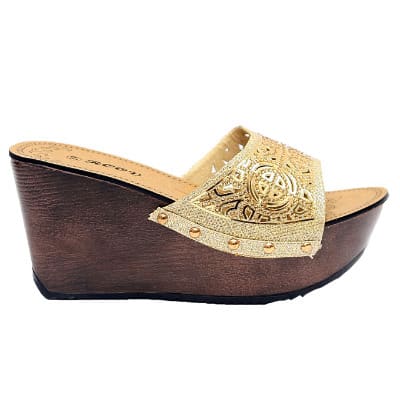 Luna Wedge Slippers With Wood Inspired Heel - Gold