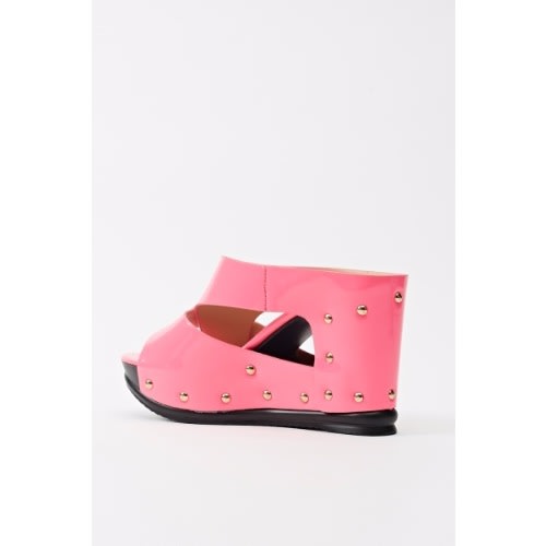 PU Leather Studded Wedge Slippers - Pink