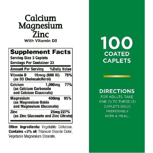 Calcium Magnesium & Zinc Supplement - 100 Caplets