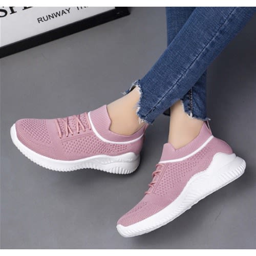 Ladies Sport Lace Up Leisure Sneaker - Pink And White