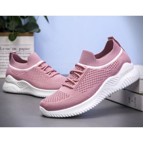 Ladies Sport Lace Up Leisure Sneaker - Pink And White