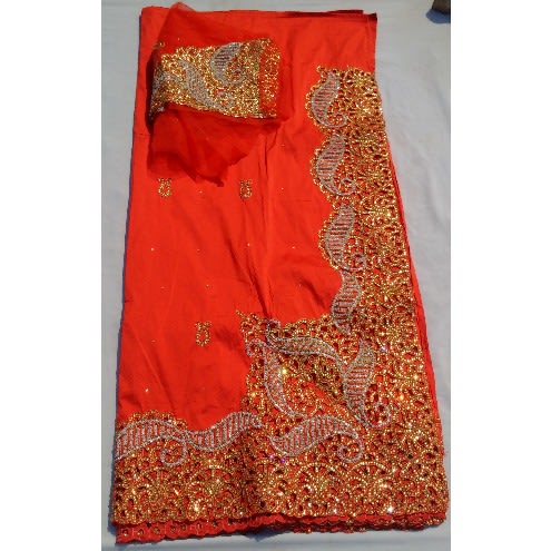 Red & Gold Bedazzled Indian Lace George With Blouse - 7 Yards