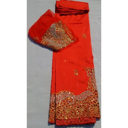 Red & Gold Bedazzled Indian Lace George With Blouse - 7 Yards