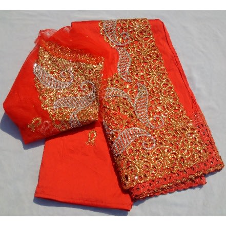 Red & Gold Bedazzled Indian Lace George With Blouse - 7 Yards