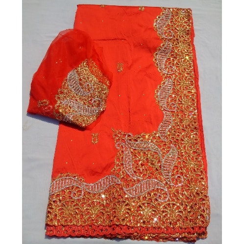 Red & Gold Bedazzled Indian Lace George With Blouse - 7 Yards