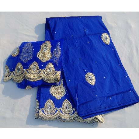 Royal Blue & Gold Indian Lace George With Blouse - 7 Yards