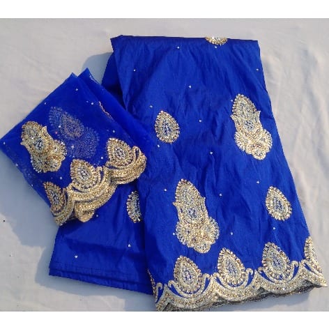 Royal Blue & Gold Indian Lace George With Blouse - 7 Yards