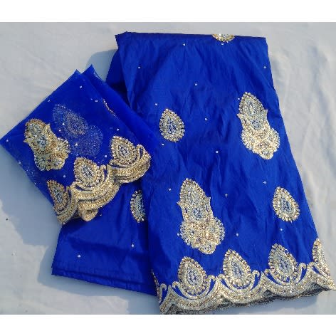 Royal Blue & Gold Indian Lace George With Blouse - 7 Yards