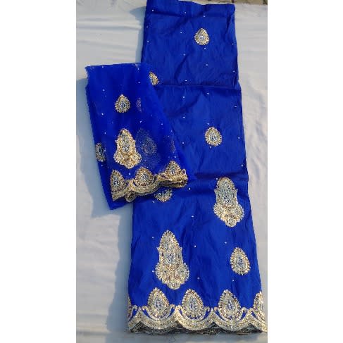 Royal Blue & Gold Indian Lace George With Blouse - 7 Yards