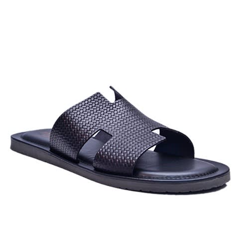 Black Pattern Leather Slippers