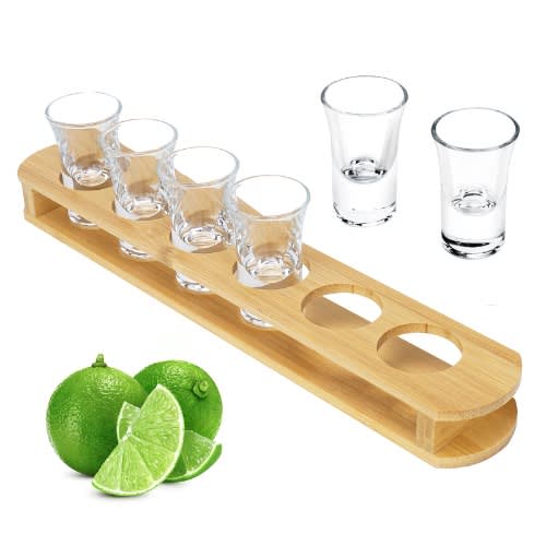 1 Oz Shot Glass Set In Bamboo Wooden Shot Tray Holder